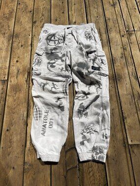 Y2K Cargo Jogger AOP Skulls Goth Grunge Punk Alt Dark 2000's Distressed Men Sz S